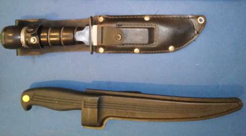 2 Sheathed Knives: 1 x Kershaw Diving Knife; 1 x Survival Knife with Basic Survival Tools