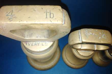 Collection of 4 Antique Bell Weights (weight range 4 lb - 8oz)  two Avery-stamped