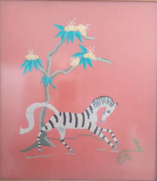 A Beautiful Vintage Piece of Hand Embroidery of a  Zebra under tree