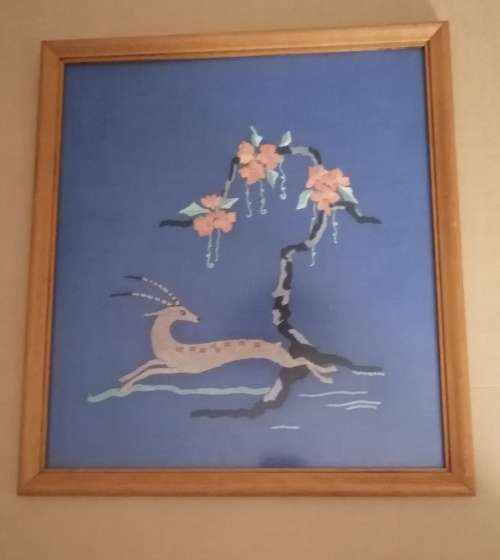 Beautiful Vintage Hand Embroidery of a leaping Antelope