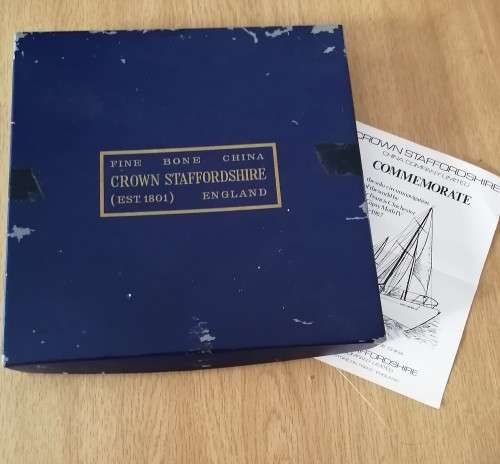 Six Vintage Items including a Staffordshire Bone China Commemorative plate finished in 22 ct