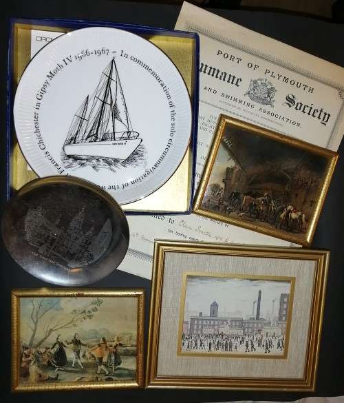 Six Vintage Items including a Staffordshire Bone China Commemorative plate finished in 22 ct