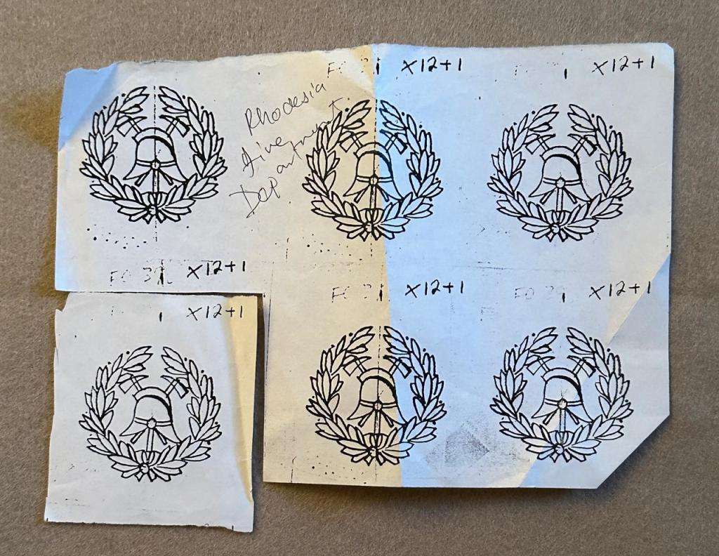 Rhodesian Fire Brigade - DESIGN ARTWORK DEMO BADGE & BULLION CAP BADGE - LOT - 16 ITEMS