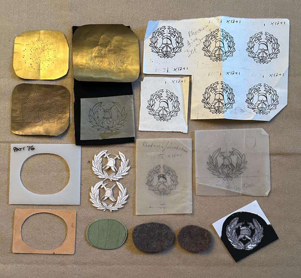Rhodesian Fire Brigade - DESIGN ARTWORK DEMO BADGE & BULLION CAP BADGE - LOT - 16 ITEMS