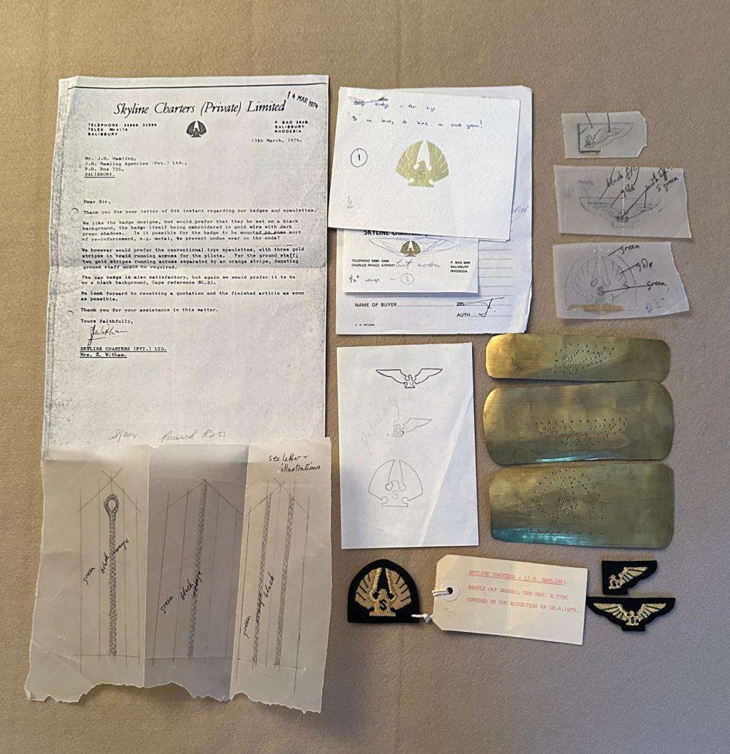 Rhodesian Civil Aviation Bullion Badge - ENVELOPE SKYLINE AIR CHARTERS CAP BADGE, STENCIL, DESIGN ET