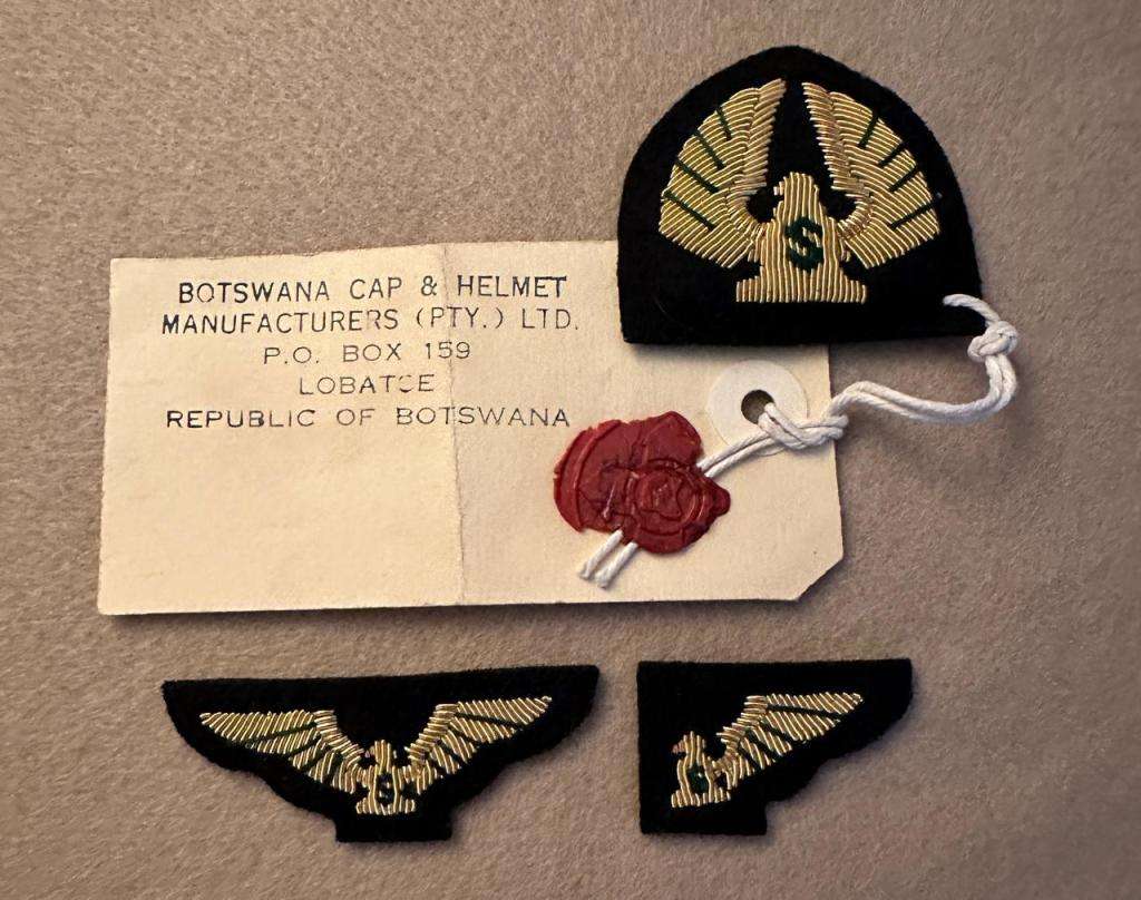 Rhodesian Civil Aviation Bullion Badge - ENVELOPE SKYLINE AIR CHARTERS CAP BADGE, STENCIL, DESIGN ET