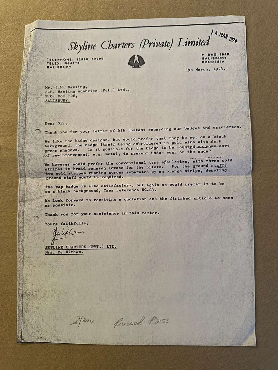 Rhodesian Civil Aviation Bullion Badge - ENVELOPE SKYLINE AIR CHARTERS CAP BADGE, STENCIL, DESIGN ET