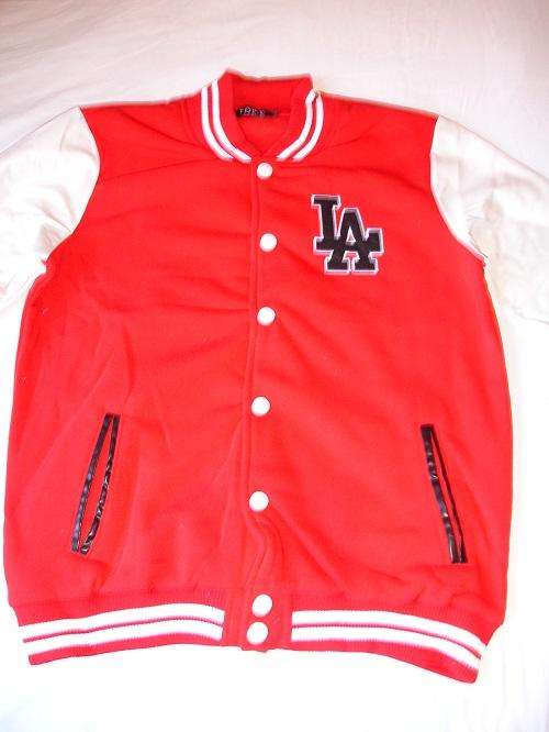 ***Funky Men's LA Base Ball Style Jackets With Leather Like Sleeves***RED/WHITE***L***BRAND NEW***