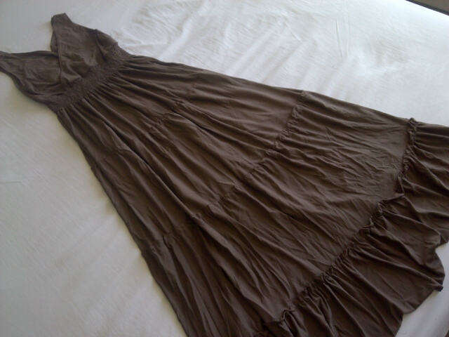 **Beautiful Ladies Brown Long Sleeveless Silk Style Halterneck Dress With Frill Like Bottom**M, L**
