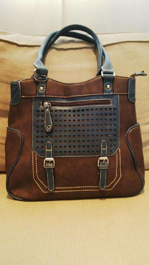 **Stunning Ladies BROWN/BLUE PU Leather Handbag With Beautiful Detail & Design**BRAND NEW**
