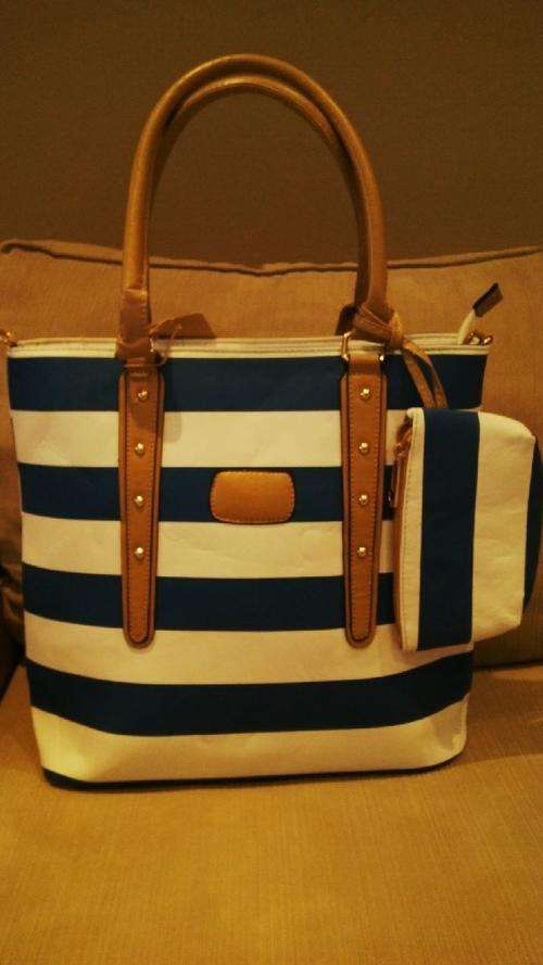 **NEW**Stunning 3pc Ladies PU Leather Handbag With Beautiful Detail & Design***BLUE/BEIGE***