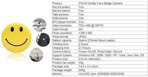 **Smiley Face Hidden Badge Video Camera (Meeting, Monitoring, Driving, Voice**BRAND NEW BOXED SET**