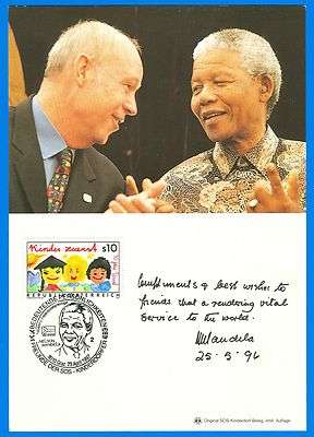 MANDELA FRIENDS OF SOS CHILDREN'S VILLAGES CARD WITH 50 YRS UNICEF STAMP 1997