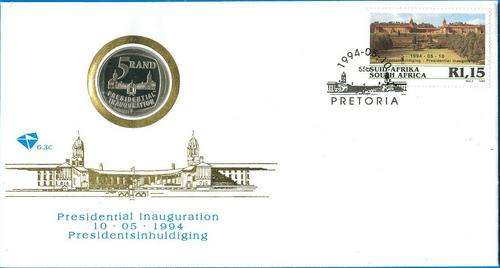 SOUTH AFRICAN MANDELA INAUGURATION 1994 FDC WITH R5 PROOF COIN