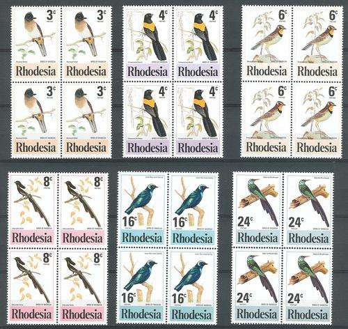 RHODESIAN BIRDS (2ND ISSUE) BLOCKS OF 4 MNH 1977 WITH VARIETY-SEE BELOW DETAILS