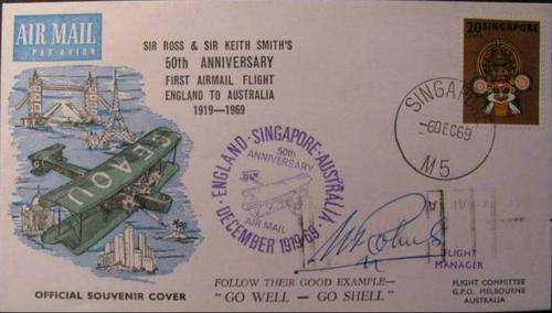 50TH ANNIVERSARY FIRST AIRMAIL ENGLAND-AUSTRALIA 1969 SIGNED