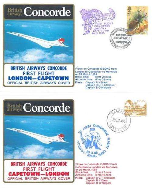 BRITISH AIRWAYS CONCORDE FIRST FLIGHT CAPETOWN-LONDON RETURN X2 1985