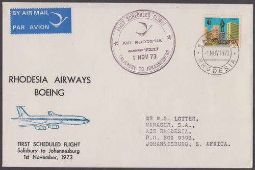 Air Rhodesia First boeing 720 Flight Cover Salisbury to Johannesburg 1973