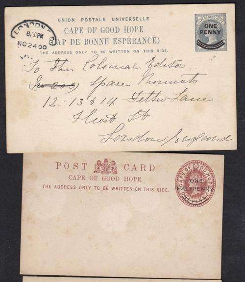 CAPE OF GOOD HOPE OVERPRINT POST CARDS X2 ADDRESS/UNADDRESSED