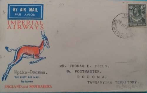 IMPERIAL AIRWAYS FIRST FLIGHT NORTHERN RHODESIA (BROKEN HILL)-TANZANYIKA (DODOMA) 1932.
