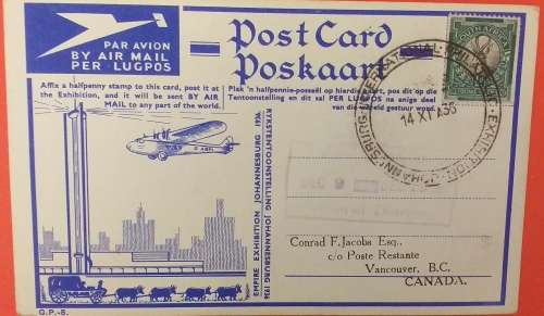 SOUTH AFRICA 1936 JIPEX ALL UP FLIGHT CARD -CANADA-SCARCER DESTINATION