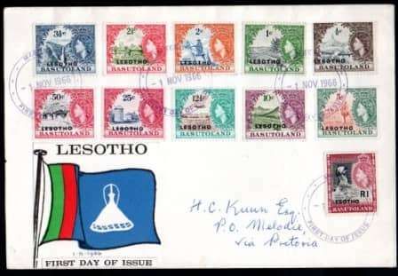 LESOTHO 1966 STAMPS OF BASUTOLAND OVPT SET OF (X10) ON USED FIRST DAY OF ISSUE COVER