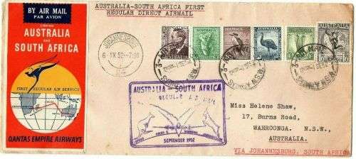 QANTAS  LONG FLIGHT COVER AUSTRALIA-SOUTH AFRICA IRST REGUALR DIRECT AIRMAIL 1952