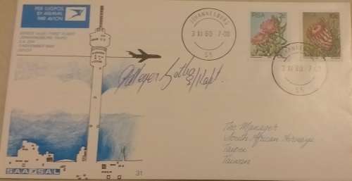 SAA AIRWAYS FIRST FLIGHT JOHANNESBURG-TAIPEI 1980 SIGNED BY CAPTAIN.