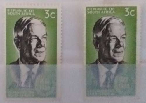 RSA 1966 VERWOERD PERF SHIFT RESULTING IN COLOUR SHIFT NEAR HEAD MH NORMAL STAMP INCLUDED