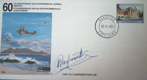 60TH ANNIVERSARY SAAF EXPERIMENTAL AIRMAIL SERVICE 1985 SIGNED CAPT.CASPAREUTHUS