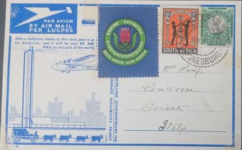 SOUTH AFRICA 1936 JIPEX ALL UP FLIGHT FLIGHT CARD &CINDERELLLA LABELS TO ITALY-SCARCE DESTINATION