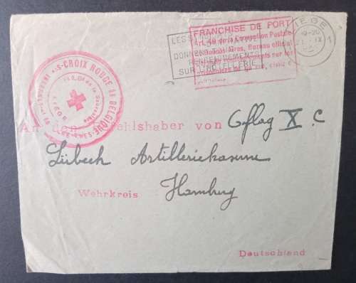 RED CROSS 1921 SENT FROM LIEGE IN BELGIUM TO HAMBURG IN GERMANY HAS RED COSS LOGO
