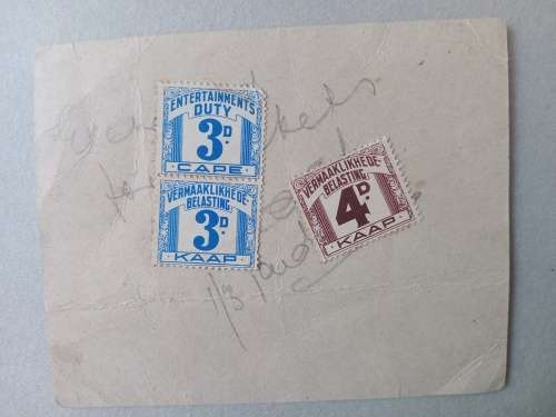 PORT ELIZABETH ORCHESTRAL CONCERT 1945 ENTERTAINMENT TAX STAMPS -INTRESTING ITEM