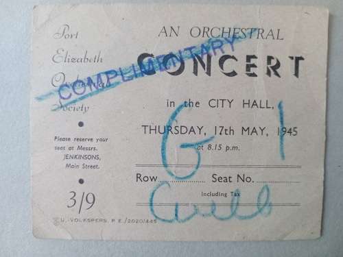 PORT ELIZABETH ORCHESTRAL CONCERT 1945 ENTERTAINMENT TAX STAMPS -INTRESTING ITEM