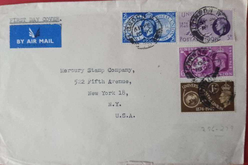 75TH ANNIVERSARY OF UNIVERSAL POSTAL UNION COVER WITH DATE OF ISSUE 1949