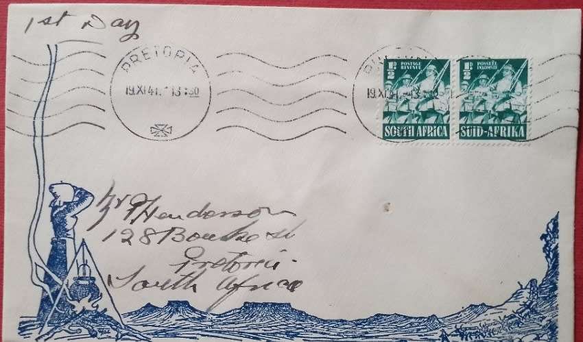 VOORTREKKER FIRST DAY COVER WITH DATE OF ISSUE 1/2d WAR STAMPS 1941-RARE