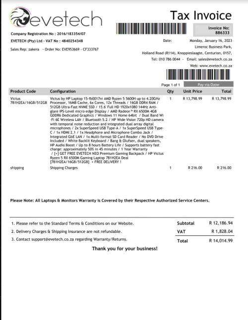 HP Victus Ryzen 5 5600H / 16GB DDR4 RAM /  512GB NVME SSD / Full HD /  RX6500M Graphics