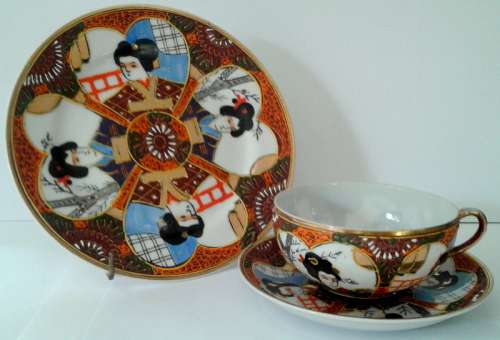 Vintage Satsuma Moriage Japanese GEISHA Trio