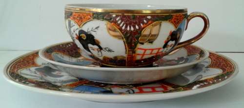 Vintage Satsuma Moriage Japanese GEISHA Trio