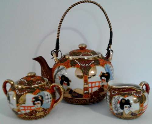 Vintage Satsuma Moriage Japanese GEISHA Teapot, Creamer and Sugar Basin