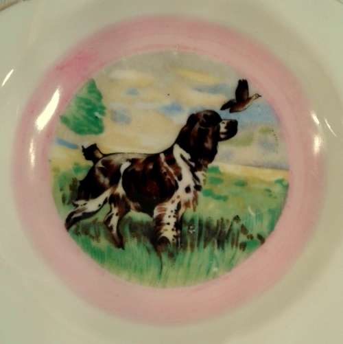 Unusual small vintage trinket bowl with a Spaniel and Duck..Pink and gold detail