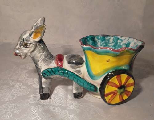 Unusual Donkey and Cart hand painted ornament. Made in Italy.