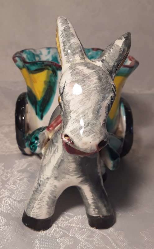 Unusual Donkey and Cart hand painted ornament. Made in Italy.