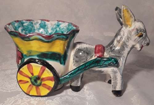 Unusual Donkey and Cart hand painted ornament. Made in Italy.