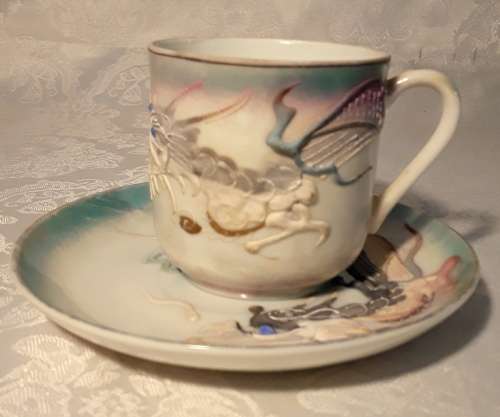 Vintage Japanese  Dragon Lithophane cups and saucers