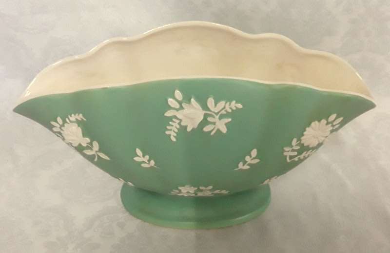 Stunning MALING Fan Vase  Satin Green with white Floral Springs 1920 - 1939