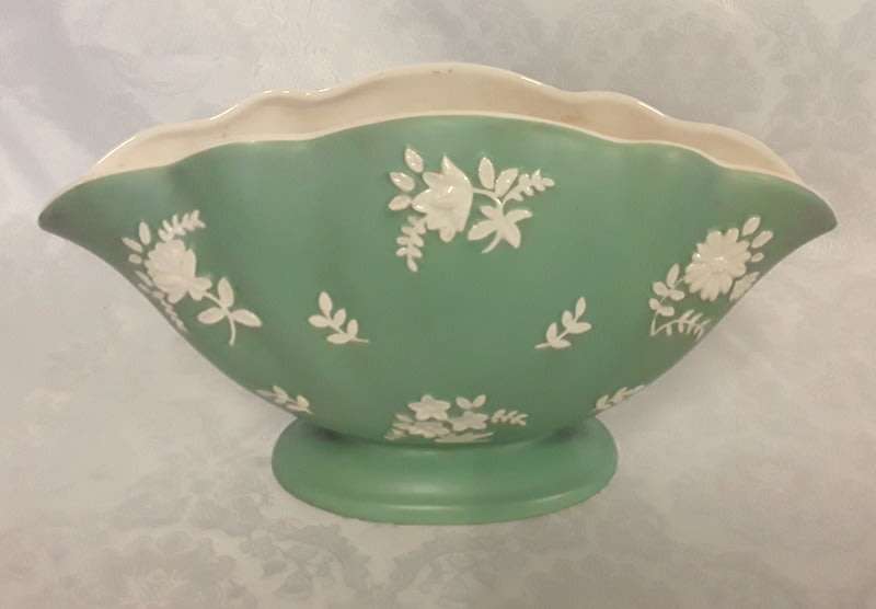 Stunning MALING Fan Vase  Satin Green with white Floral Springs 1920 - 1939