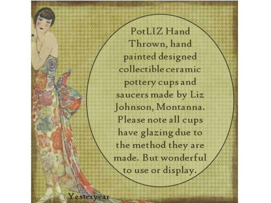 PotLIZ Hand Thrown, collectible ceramic pottery cups and saucers (six)