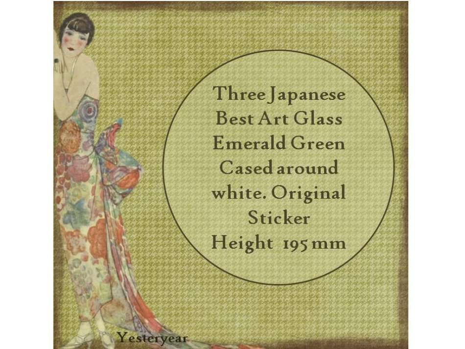 Three Amazing Japanese Best Art Glass Emerald Green Cased around white