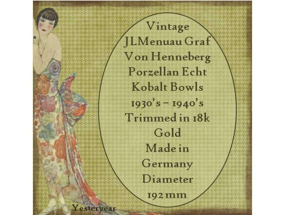 Vintage JLMenuau Graf Von Henneberg Porzellan Echt Kobalt Bowls 1930s - 1940s